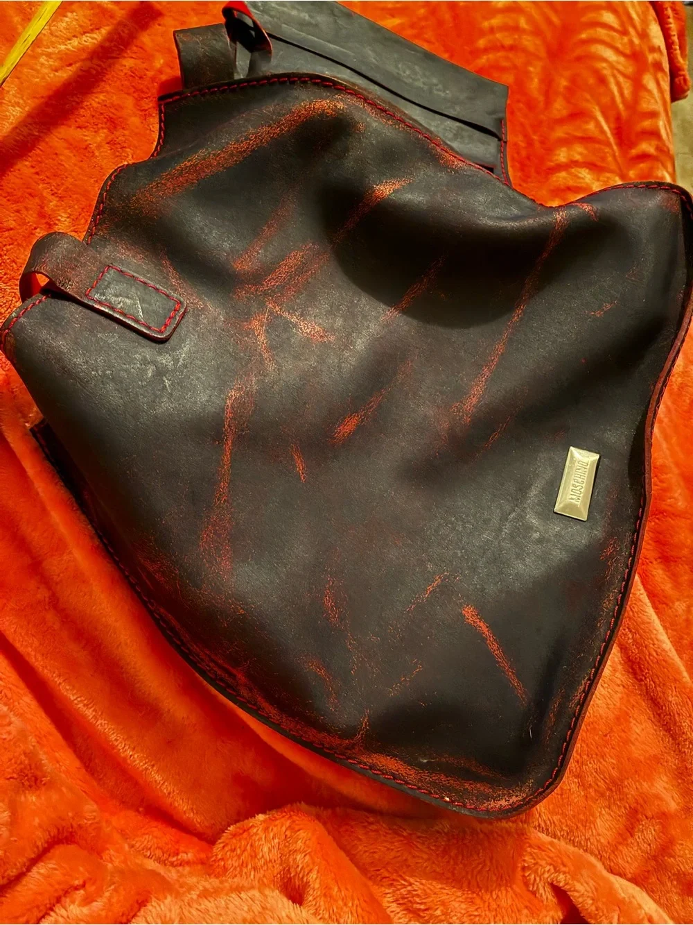 Moschino Black, blue red Leather Messenger Bag with Red Accents
